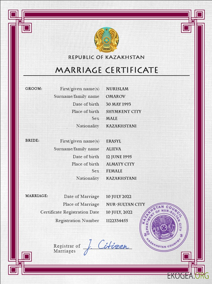 Modèle PSD de certificat de mariage du Kazakhstan